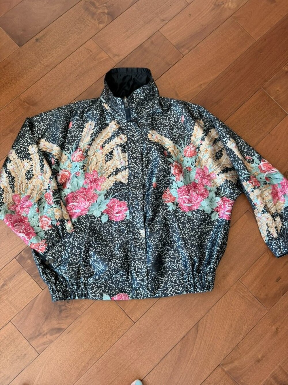 Reversible Satin Floral Bomber Jacket Black Pink Floral Lightweight 2-in-1